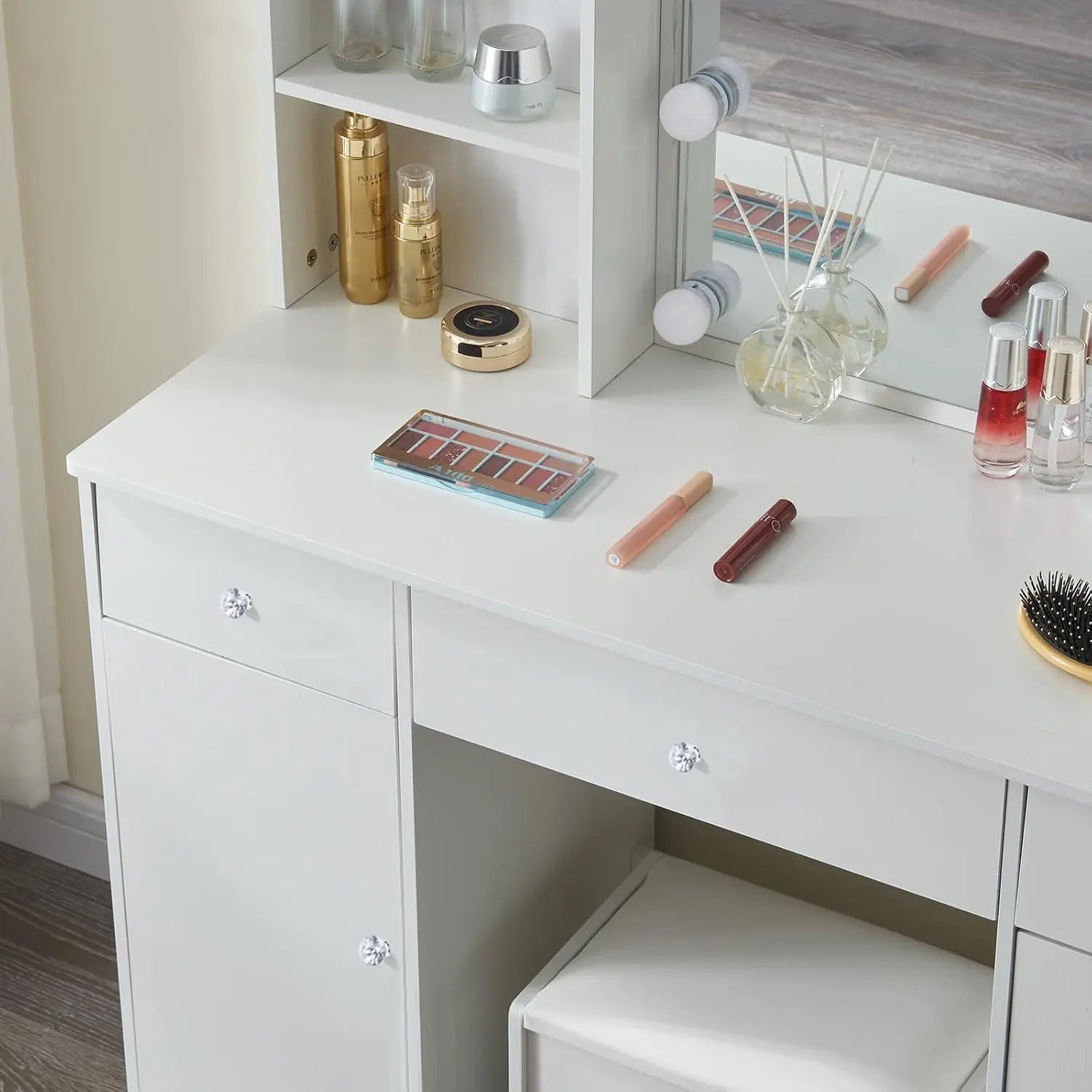 Tocador de Maquillaje con Espejo y Taburete, Mesa de Maquillaje con Luz LED, 3 Temperaturas de Color y Brillo Ajustable, 3 Cajon