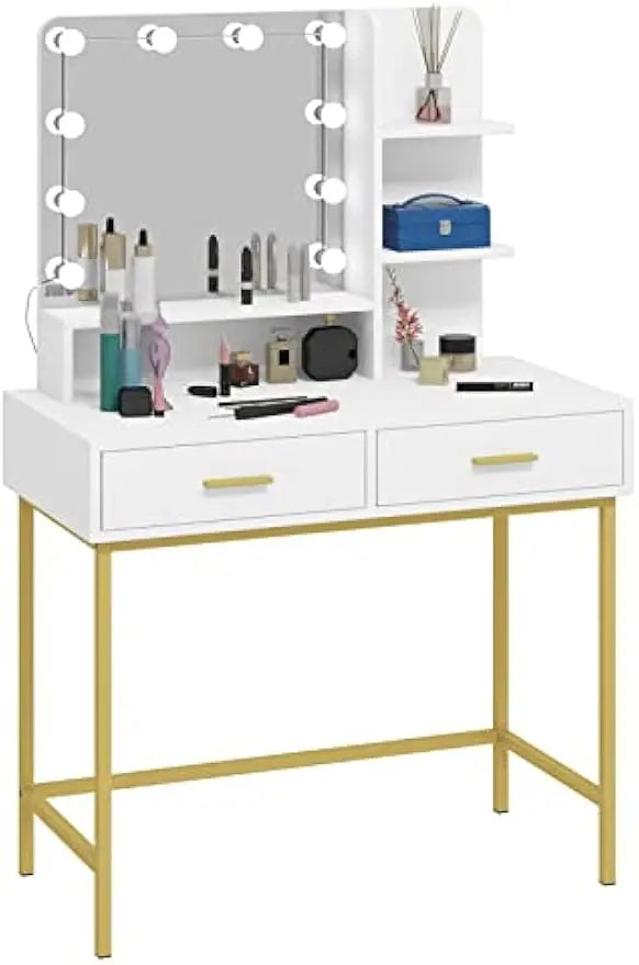 Tocador de Maquillaje con Espejo y 10 Bombillas LED, Mesa de Tocador con 2 Cajones Grandes y Estantes, Estilo Moderno para