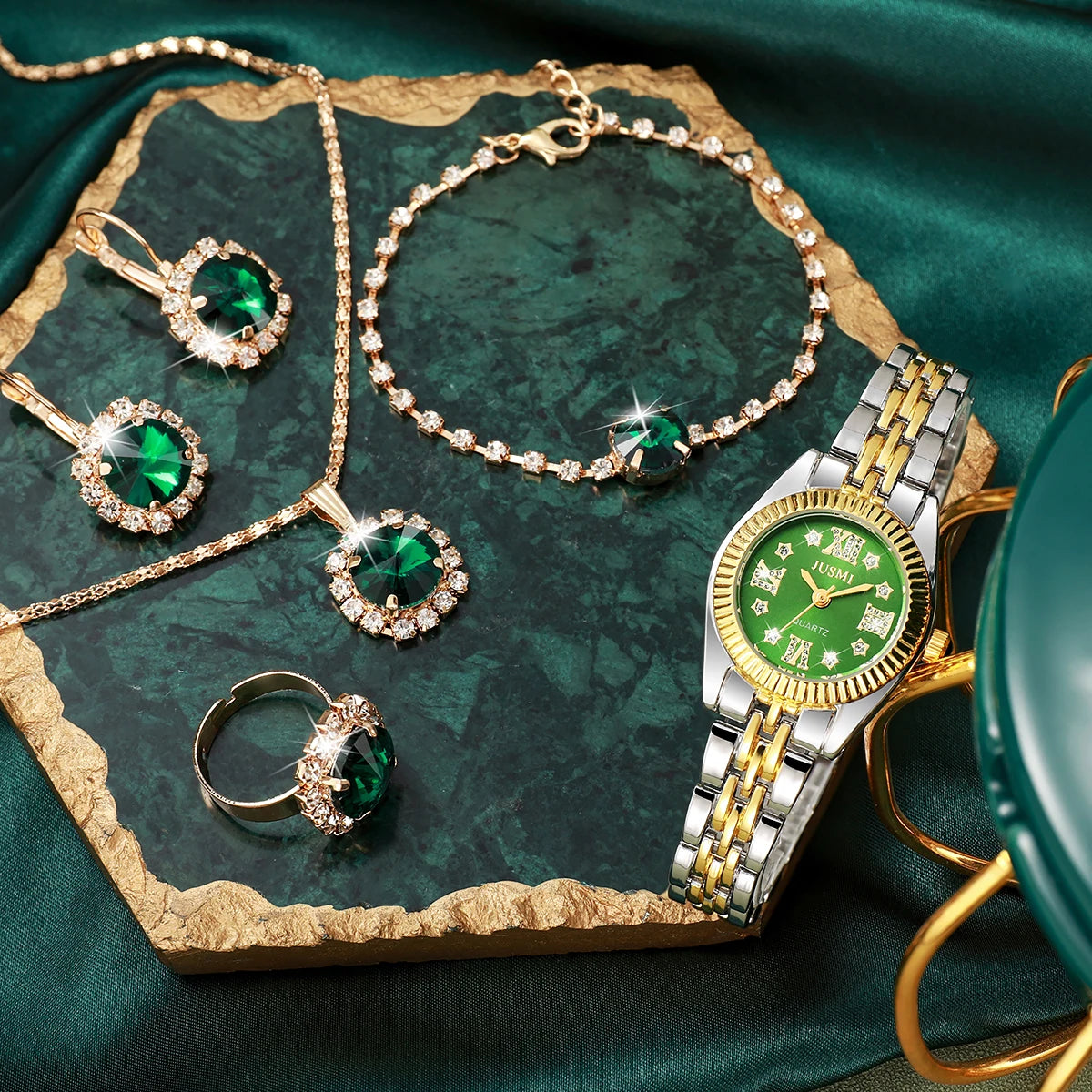 No gift box; Shell batch flower dial with diamond inlaid and gradient gold strap ladies' watch   full diamond jewelry 5-piece