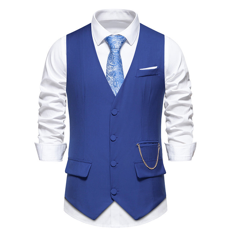 New Men's Solid Color Suit V-neck Single Breasted Chain Vest