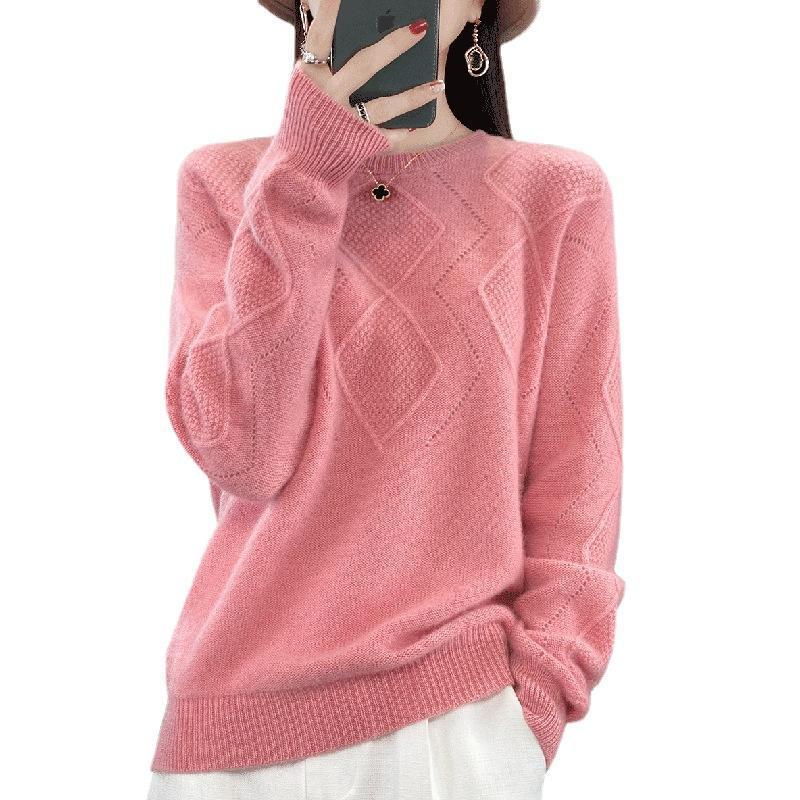 All-matching Western Style Women's Pullover Top Sweater Solid Color Round Neck Rhombus Hollow Out Sweater