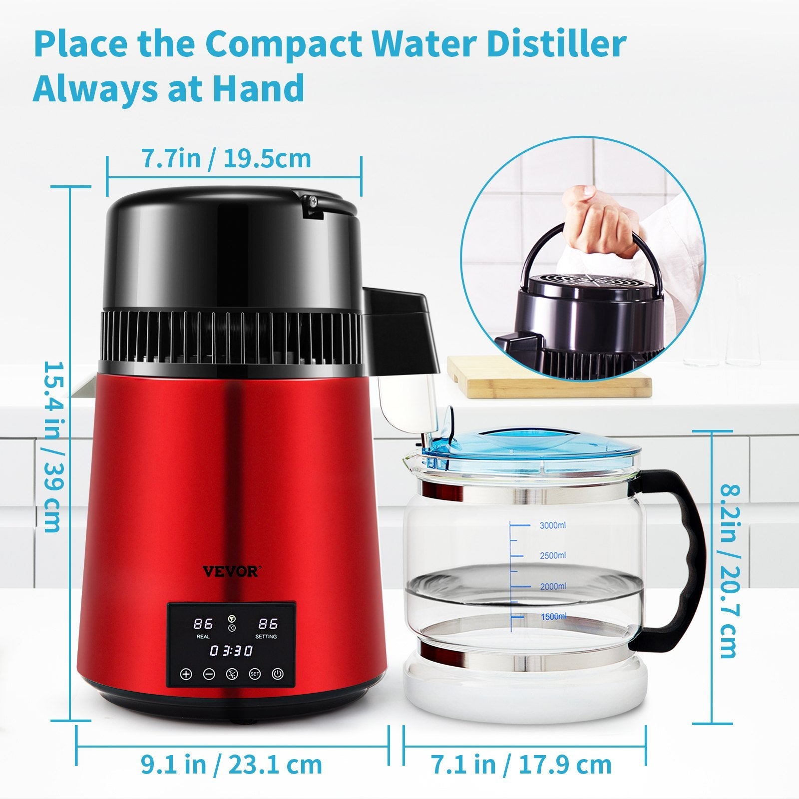 1.1Gal Water Distiller, 750W Distilled Water Maker Machine 0-99H Timing Dual Temp Display, 304 Stainless Steel Countertop Distiller Glass Carafe Cleaning Powder 3 Carbon Packs, Red