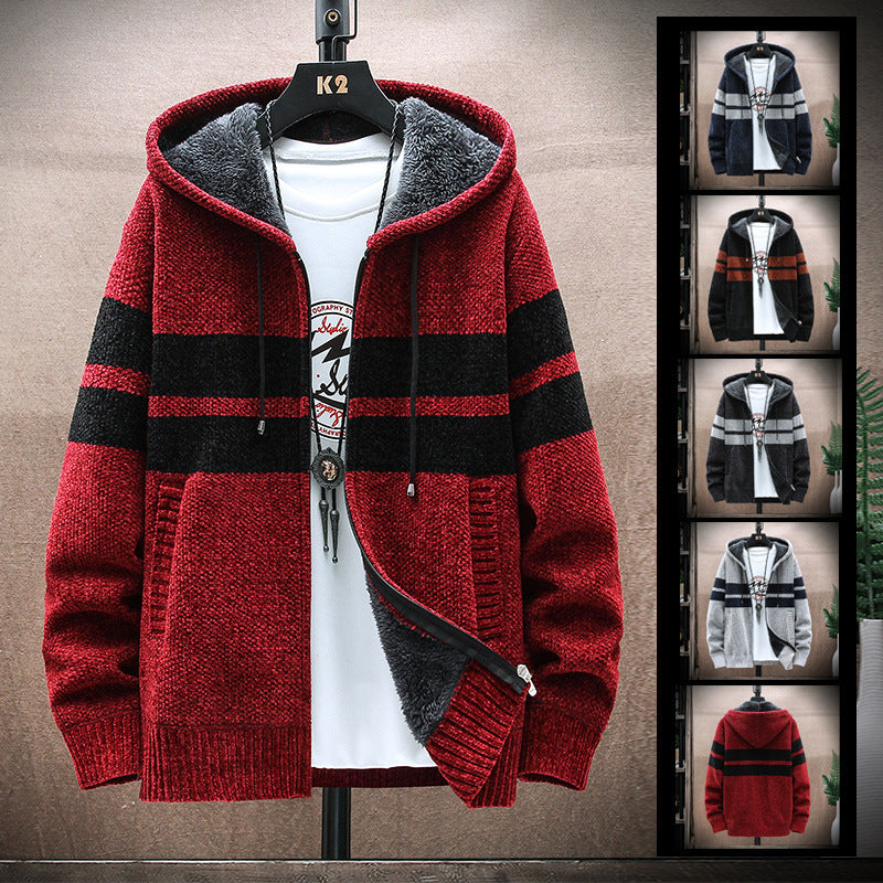 Hooded Cardigan Knitted Thick Plus Velvet Sweater Men's Trend
