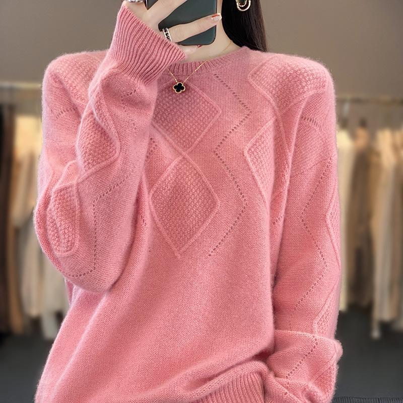 All-matching Western Style Women's Pullover Top Sweater Solid Color Round Neck Rhombus Hollow Out Sweater