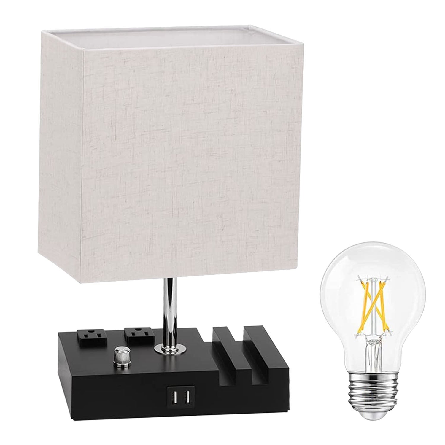 1Pc Fully Dimmable Table Lamp For Bedroom Living Room Bedside Lamp For Nightstand Dual USB Ports 2 Power Outlets LED Bulb Included