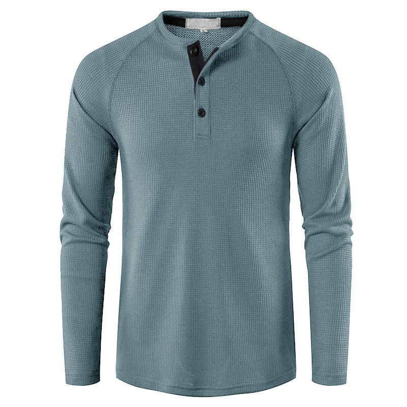 Men's Round Neck Waffle Long Sleeve Henry Casual T-shirt American Base Men's POIO Shirt
