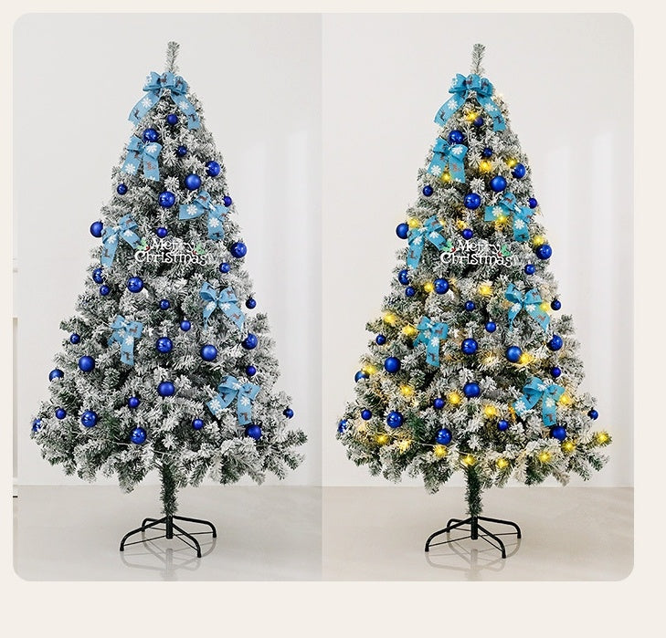 Christmas Tree With  Incandescent Warm White Lights, Snow Flocked Full Prelighted Xmas Tree With 820 Branch Tips & Foldable Stand, Lake Blue Gradient