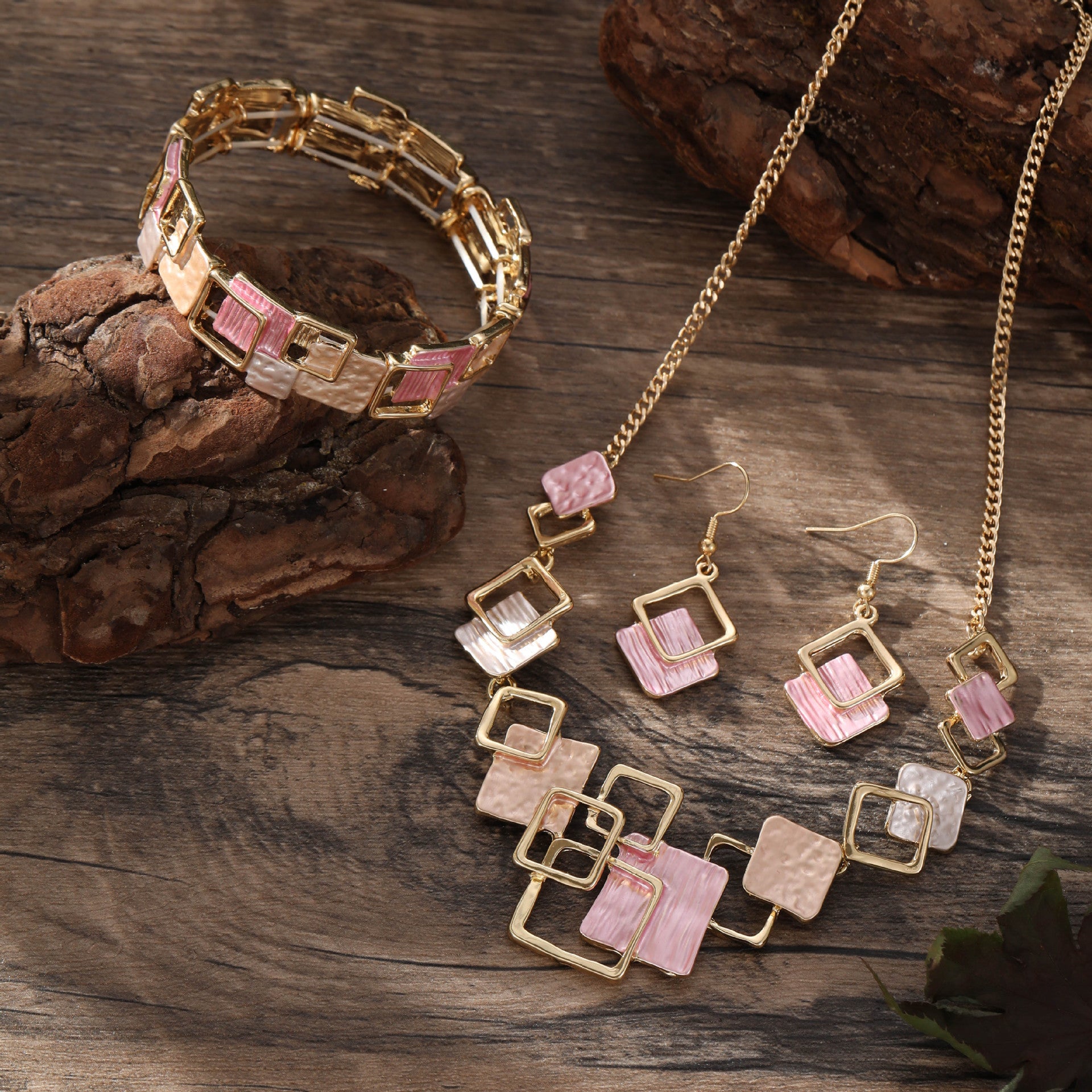 Color Painting Oil Geometric Square Ear Studs Bracelet And Necklace Set