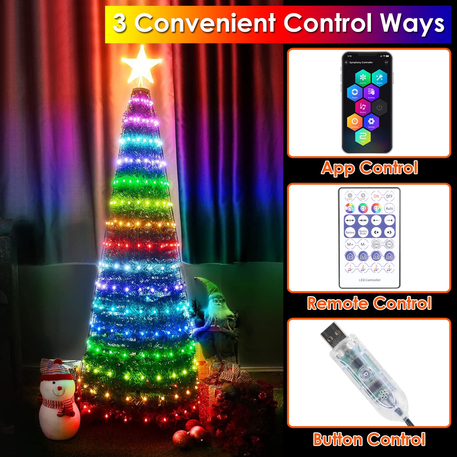4.9FT S-5.9FT L Options -- 1Pc Collapsible Christmas Tree Light With Remote App Control IP65 Waterproof Customized Multi-Color Mode Timer Setting Work With Alexa Google
