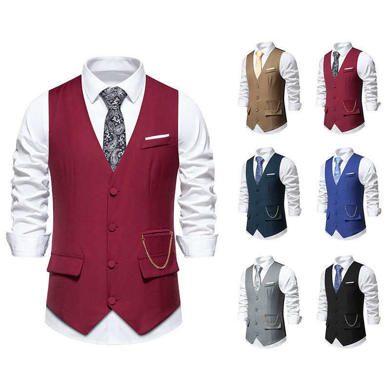 New Men's Solid Color Suit V-neck Single Breasted Chain Vest