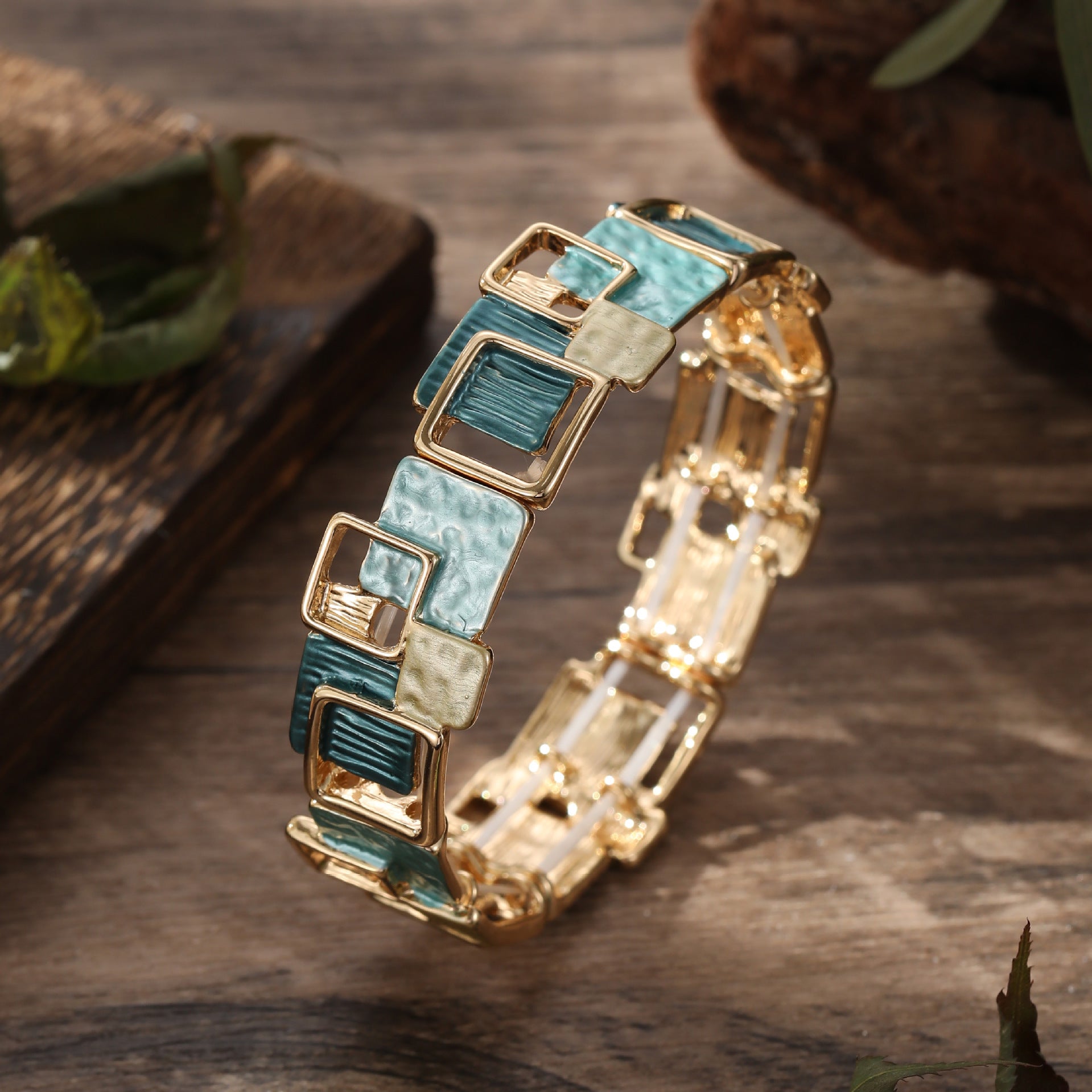 Color Painting Oil Geometric Square Ear Studs Bracelet And Necklace Set