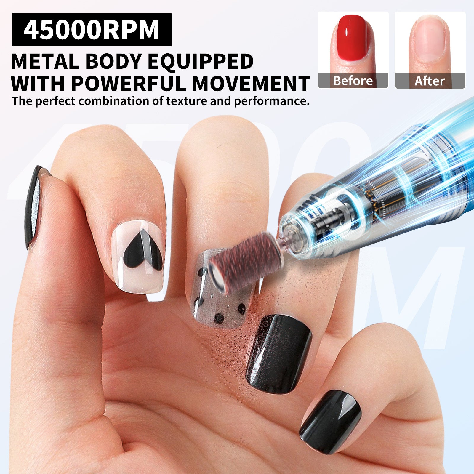 Nail Drill, Portable Electric Nail File 45000RPM, Rechargeable Nail Drill Professional With Bits & Base, For Acrylic Gel Nails, E-File Machine, Manicure Polishing, For Salon Home