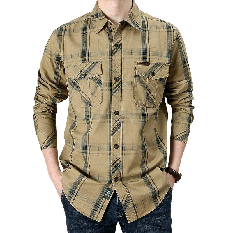 Long Sleeve Shirt Men's Plus Size Loose Cargo Cotton Shirt