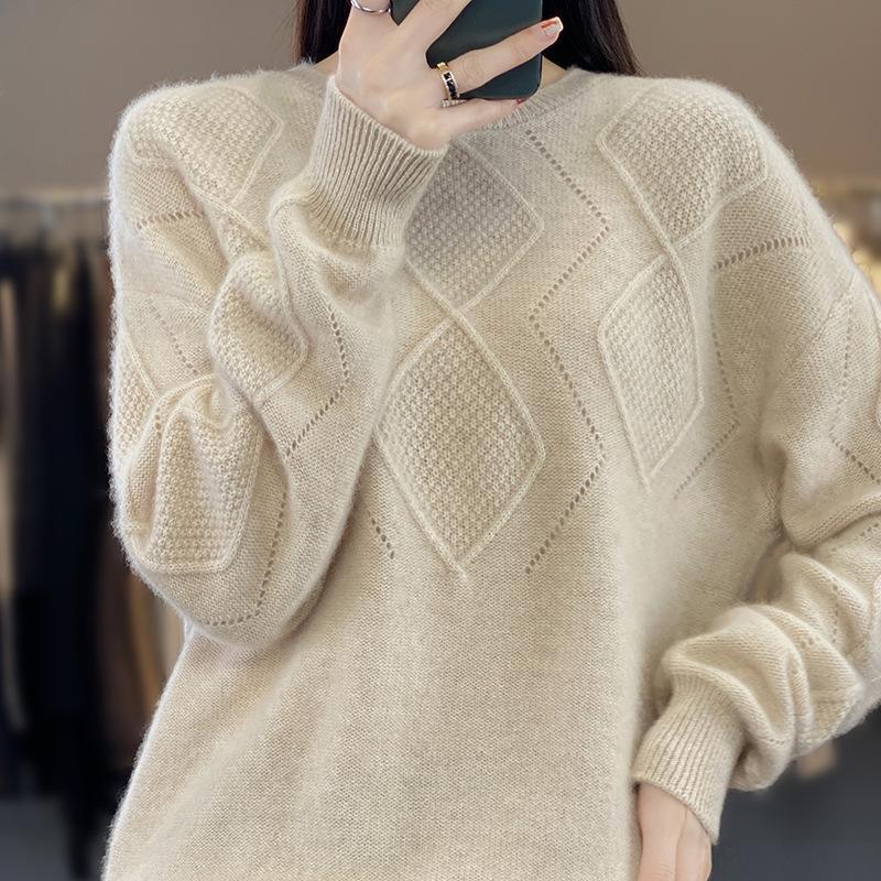 All-matching Western Style Women's Pullover Top Sweater Solid Color Round Neck Rhombus Hollow Out Sweater