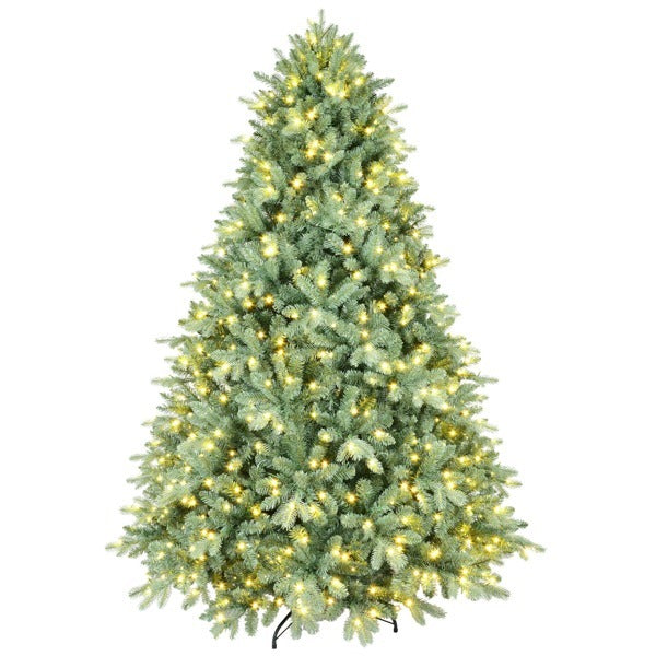 Artificial 8ft Blue Green Tint Christmas Tree With 3308 PE PVC Mixed Branch Tips, 900L Warm White Led, Memory Wire Iron Wire, Hinged Premium  Foldable Base For Indoor Holiday Decorating