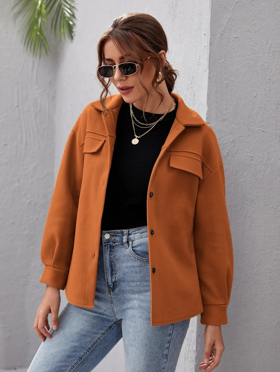 Women's Loose Casual Lapel Buttoned Solid Color Woolen Coat