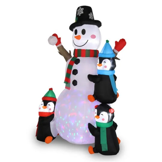 6ft With 3 Penguins, 4 Light Strings, 1 Colorful Rotating Light, Inflatable, Garden Snowman Decoration