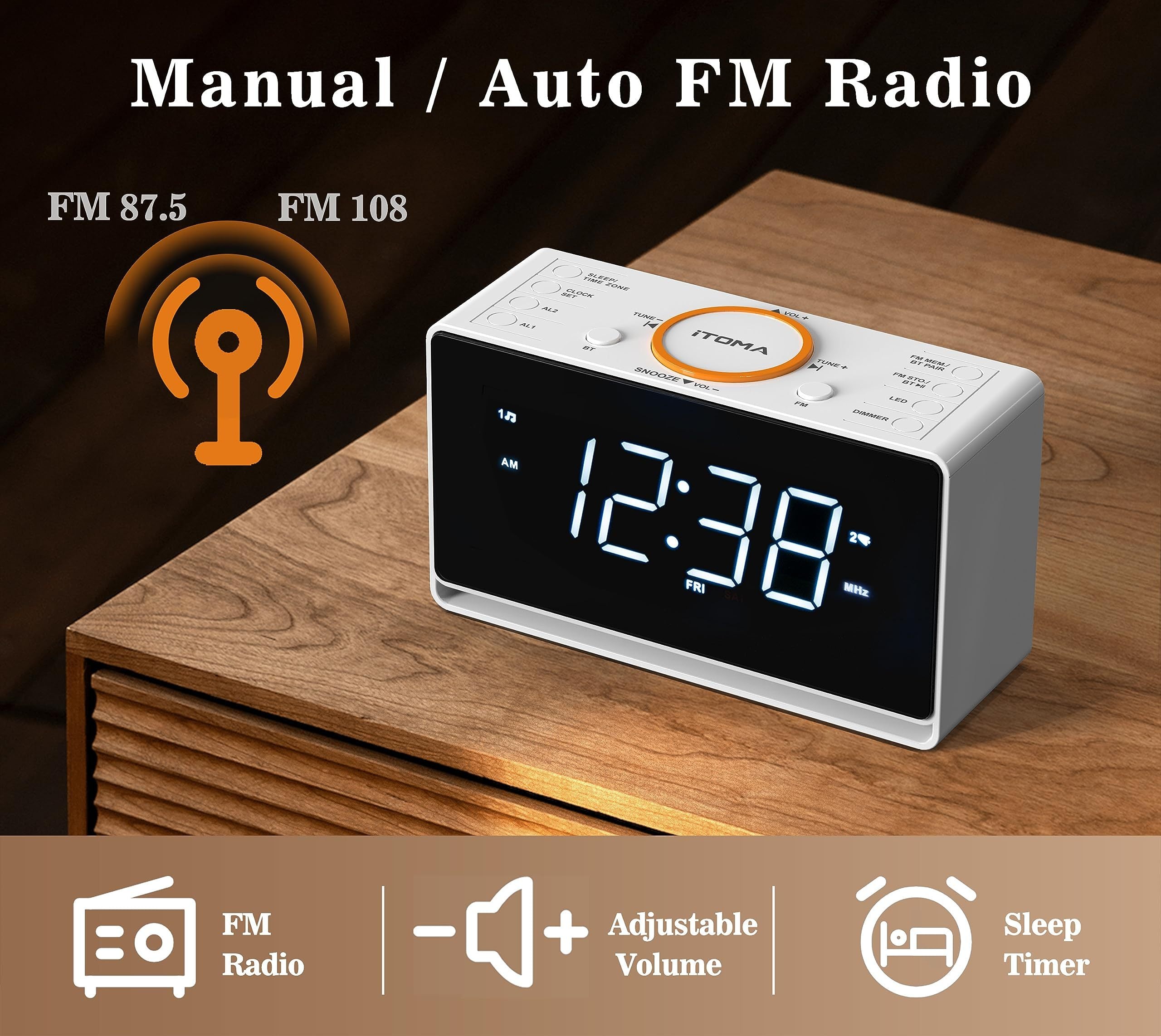 1pc White LED Alarm Clock Radio With Wireless Speaker, FM Radio, Dual Alarm And USB Charger , Bedside Desk Clock With Adjustable Dimmer And Night Light