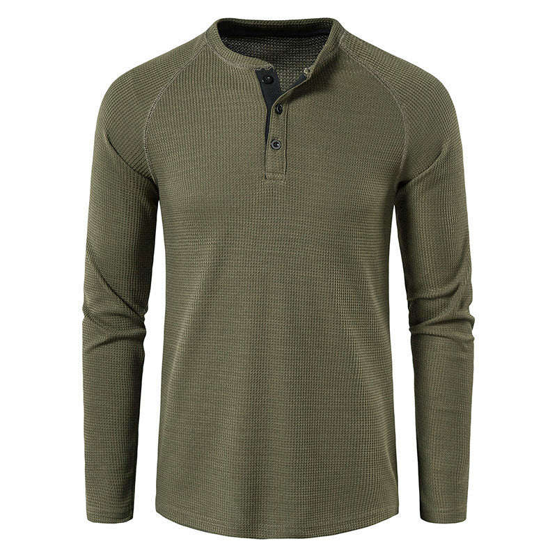 Men's Round Neck Waffle Long Sleeve Henry Casual T-shirt American Base Men's POIO Shirt