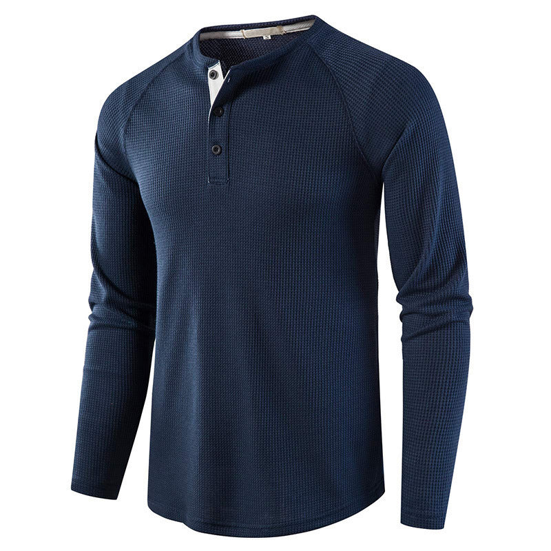 Men's Round Neck Waffle Long Sleeve Henry Casual T-shirt American Base Men's POIO Shirt
