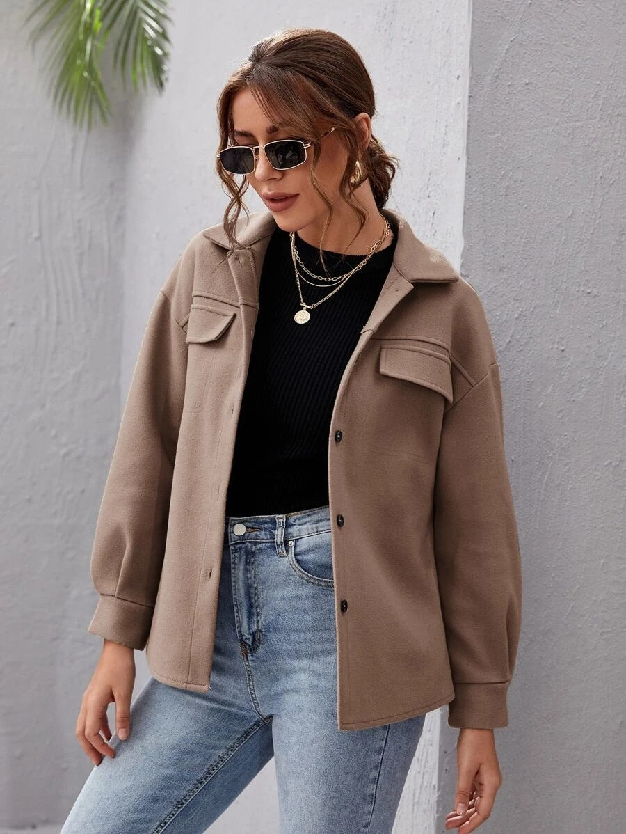 Women's Loose Casual Lapel Buttoned Solid Color Woolen Coat