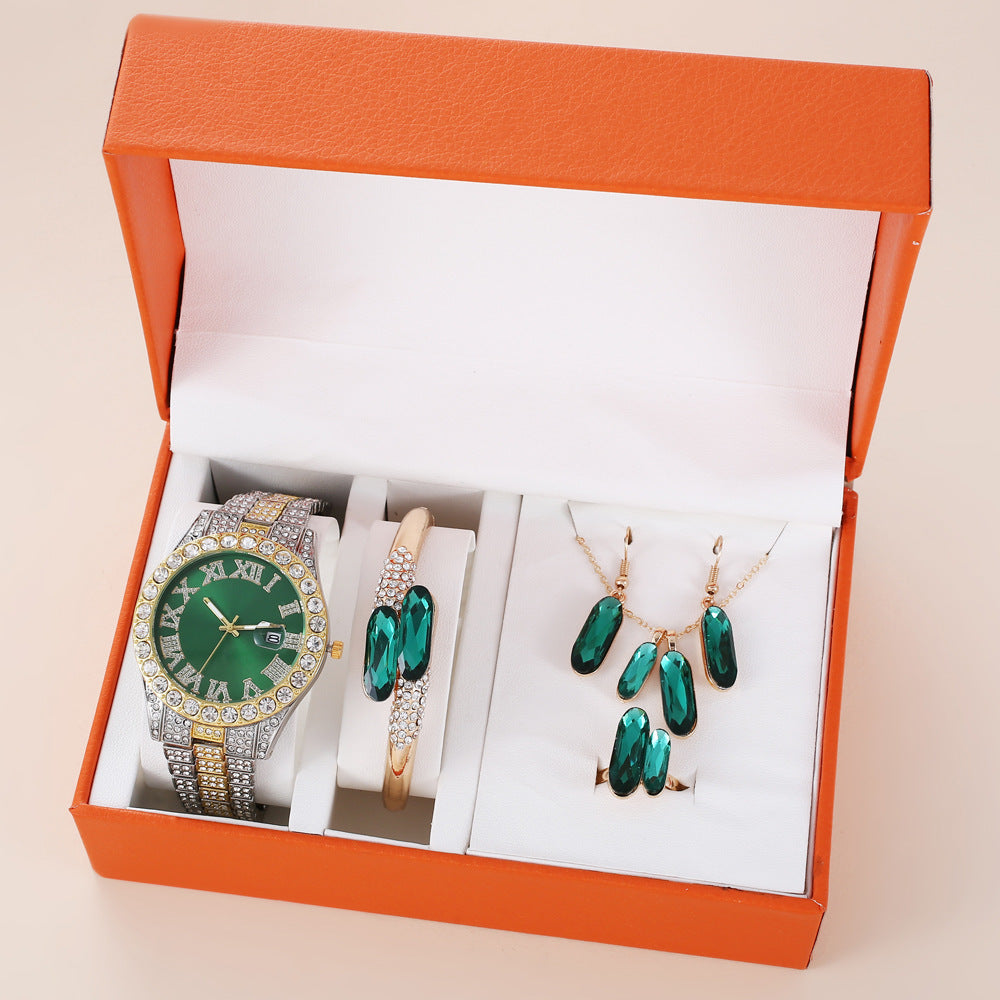 Green Steel Belt Quartz Watch Ring Necklace Earrings Suit