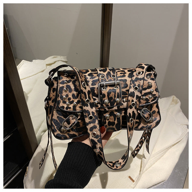 Leopard Print Personalized Design Motorcycle Shoulder Crossbody Underarm Baguette Women's Bag
