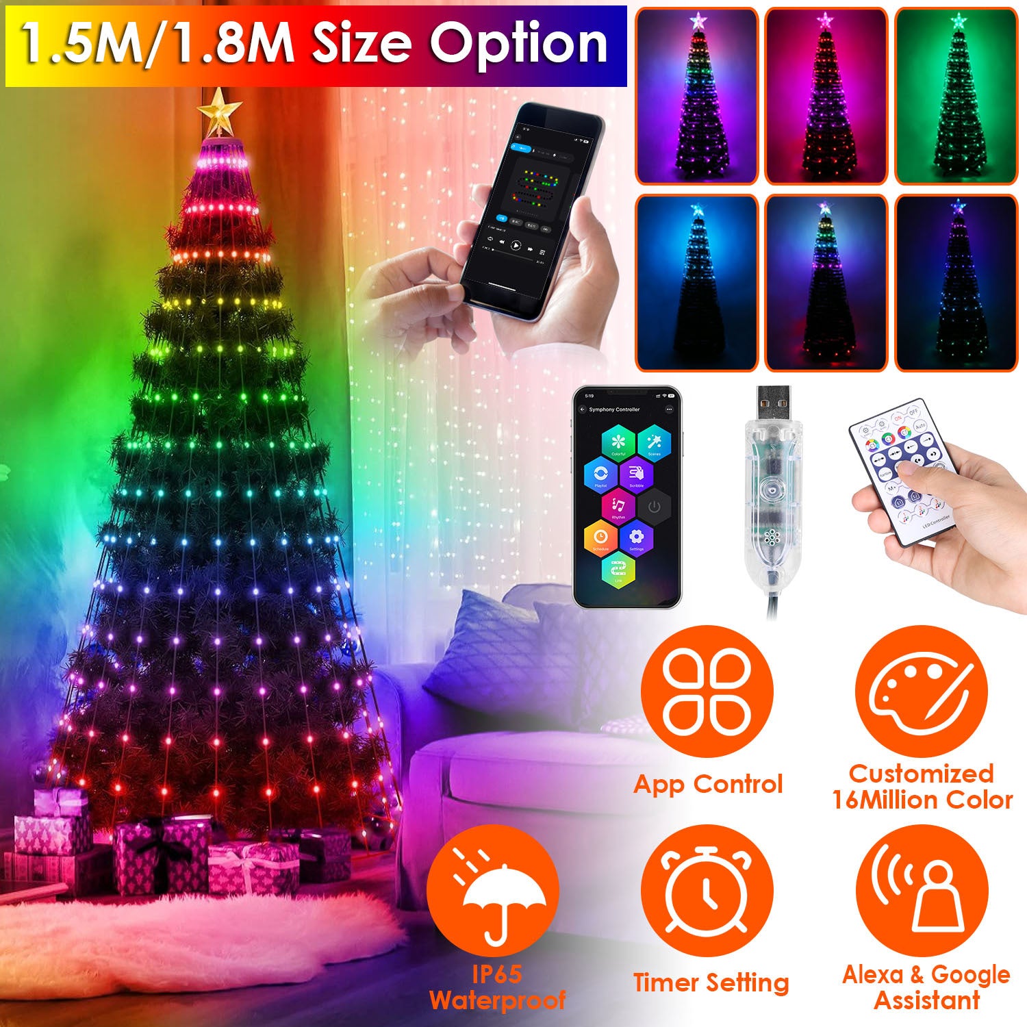4.9FT S-5.9FT L Options -- 1Pc Collapsible Christmas Tree Light With Remote App Control IP65 Waterproof Customized Multi-Color Mode Timer Setting Work With Alexa Google