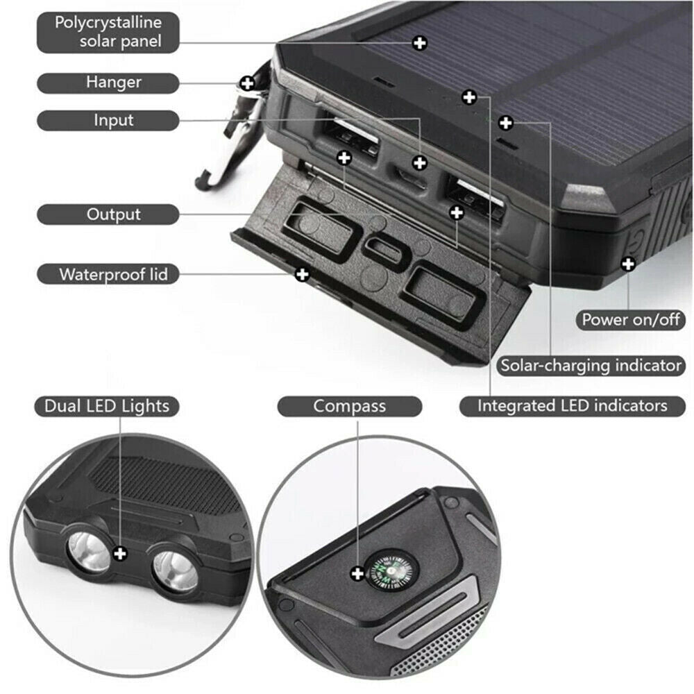 1O000000mAh Solar Power Bank Waterproof 2USB LED Battery Charger For Cell Phone