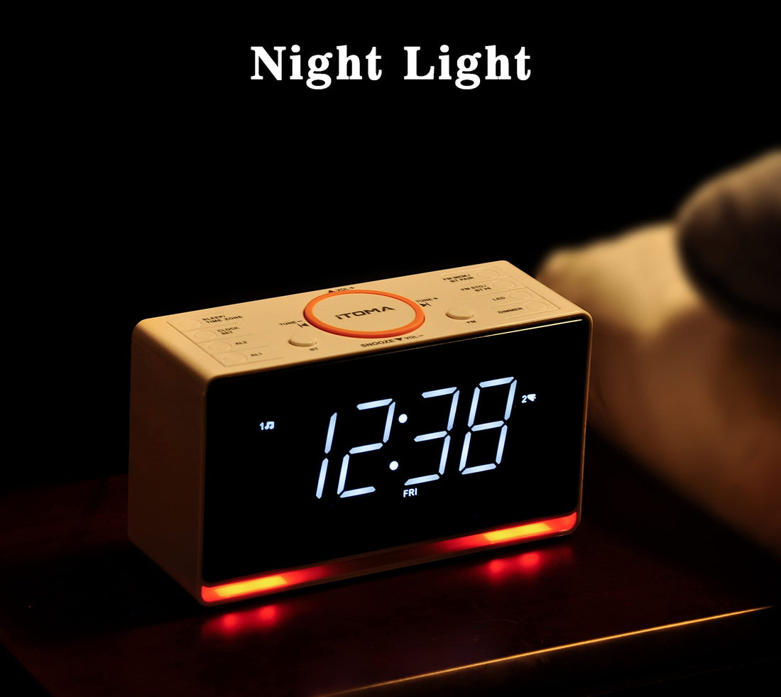 1pc White LED Alarm Clock Radio With Wireless Speaker, FM Radio, Dual Alarm And USB Charger , Bedside Desk Clock With Adjustable Dimmer And Night Light