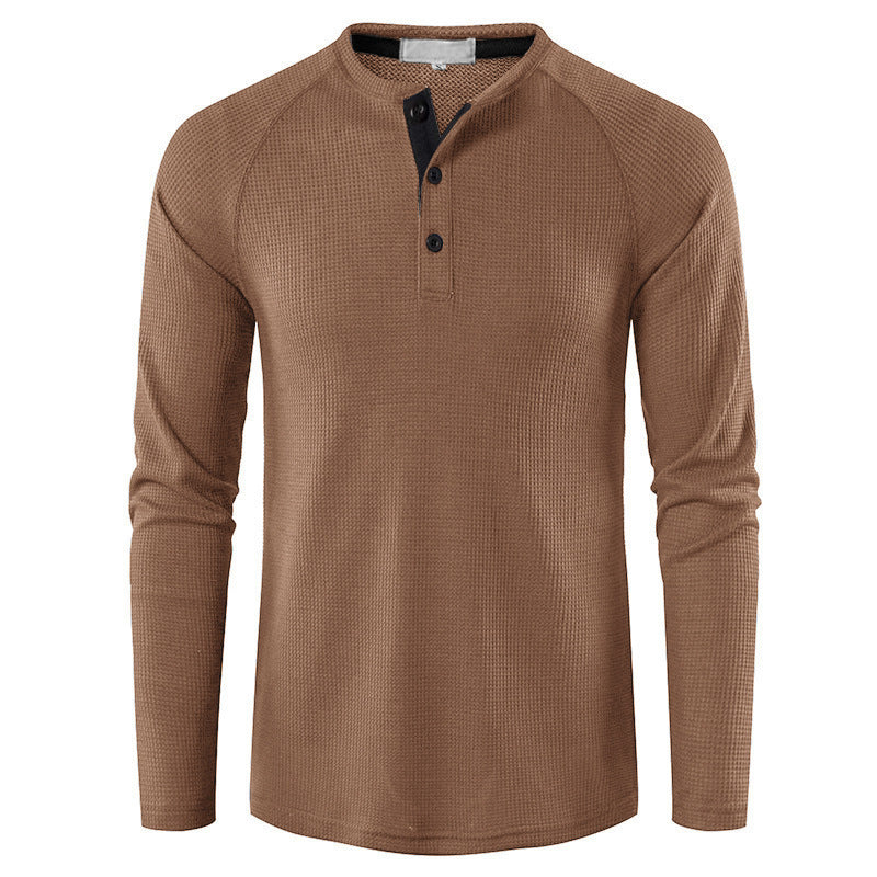 Men's Round Neck Waffle Long Sleeve Henry Casual T-shirt American Base Men's POIO Shirt