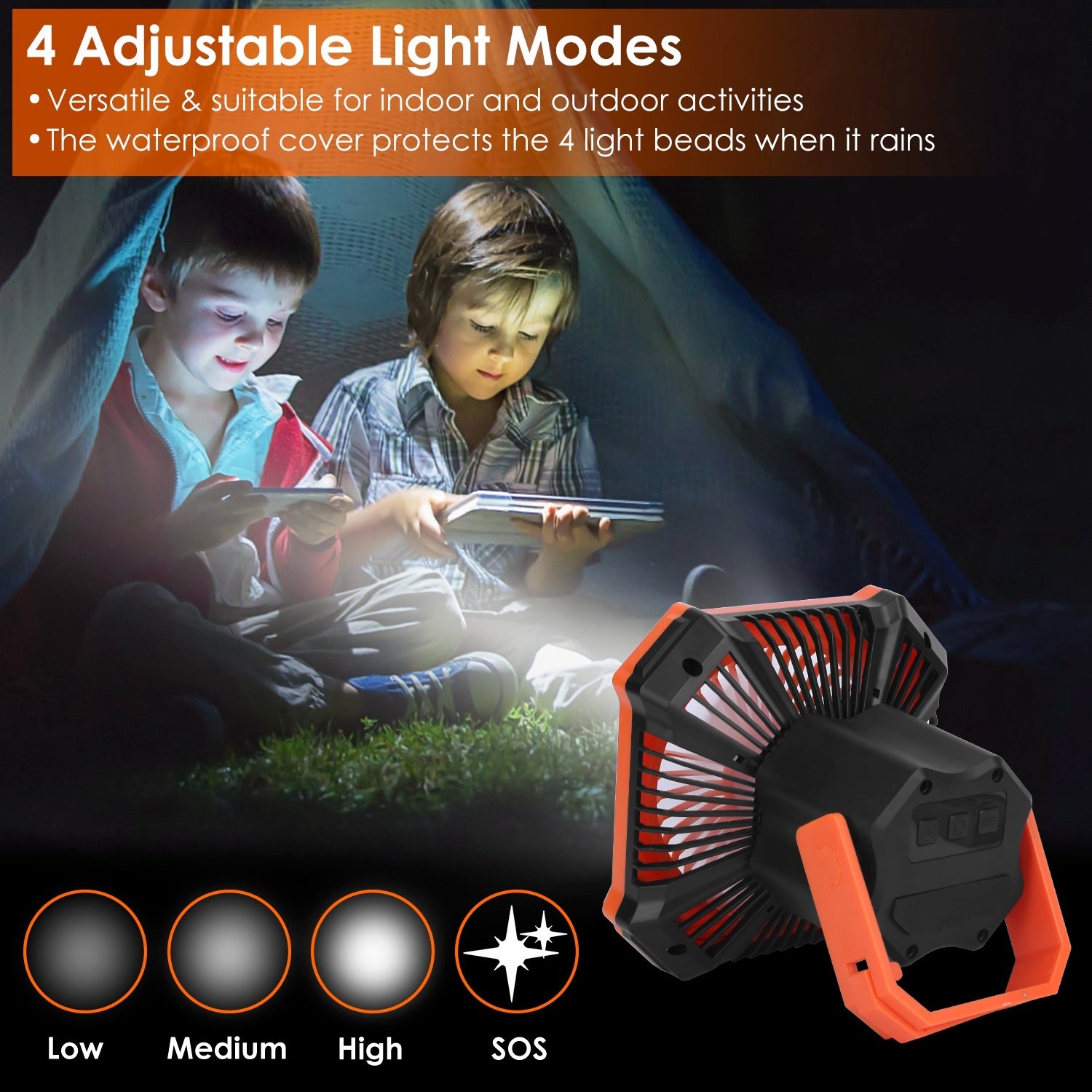Portable Camping Lantern Fan Battery Powered Hanging Fan USB Rechargeable Tent Fan With 4 Light Modes 3 Wind Modes Emergency Power Bank Remote Control Hanging Hook