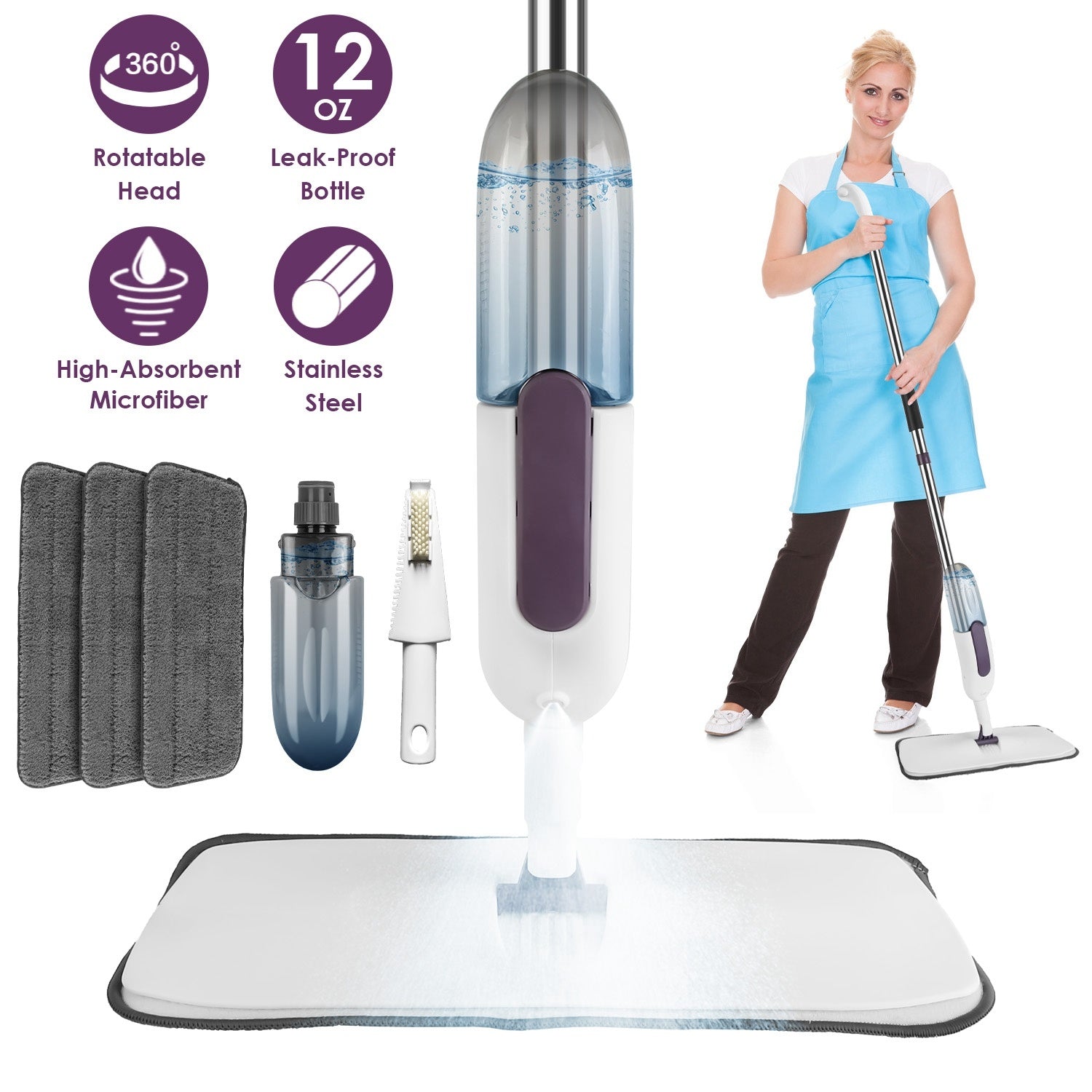 1Set Spray Mop With 3 Machine Washable Microfiber Pads 12OZ Refillable Water Bottle Wet Dry Use Microfiber Mop For Hardwood Ceramic Tiles Laminate Floor Cleaning Commercial Home Use