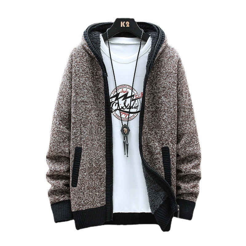 New Men's Hooded Plus Fleece Sweater Coat Youth Casual Solid Color Cardigan Knitted Sweater