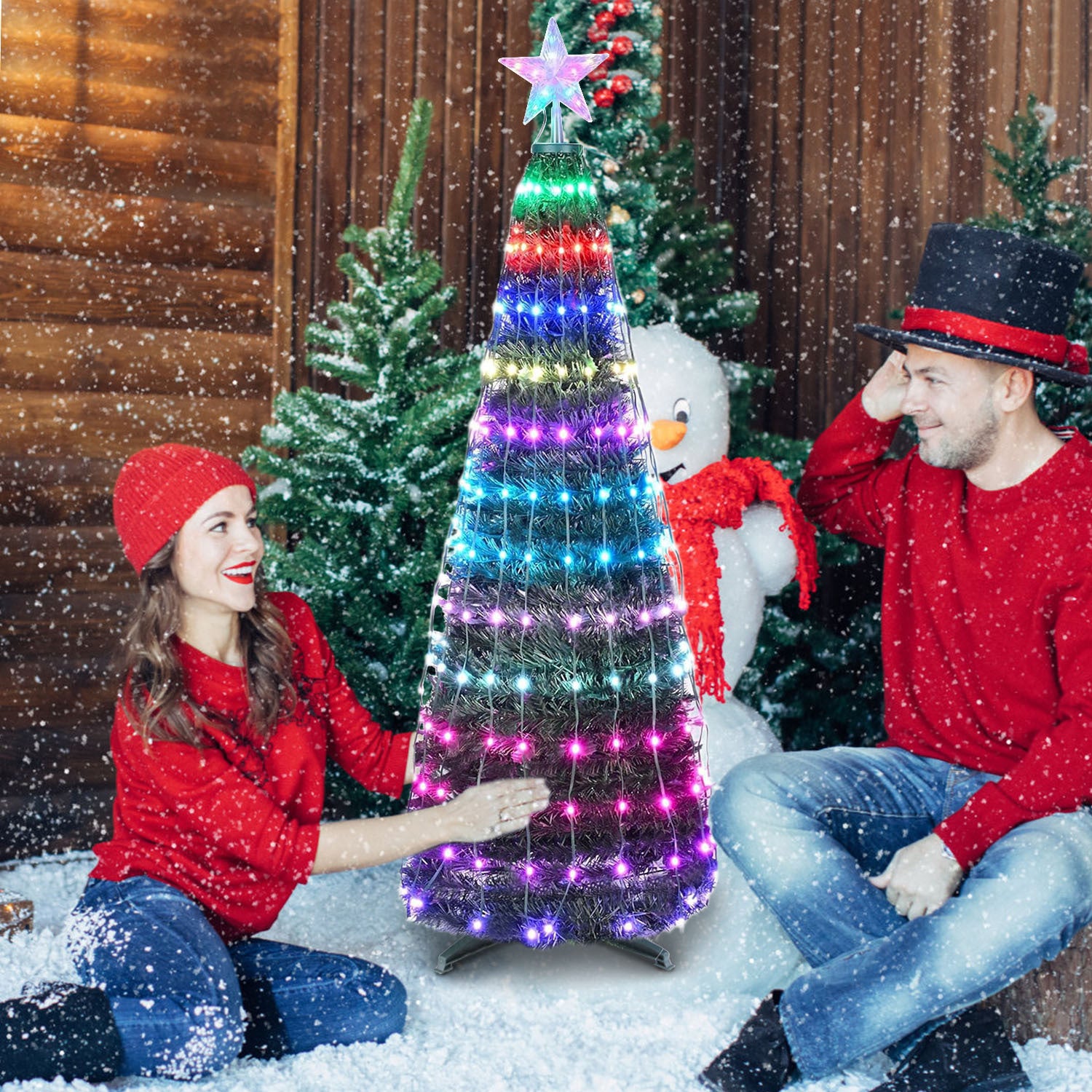 4.9FT S-5.9FT L Options -- 1Pc Collapsible Christmas Tree Light With Remote App Control IP65 Waterproof Customized Multi-Color Mode Timer Setting Work With Alexa Google