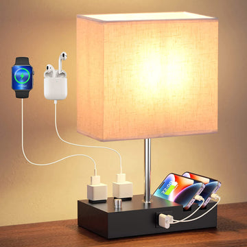 1Pc Fully Dimmable Table Lamp For Bedroom Living Room Bedside Lamp For Nightstand Dual USB Ports 2 Power Outlets LED Bulb Included
