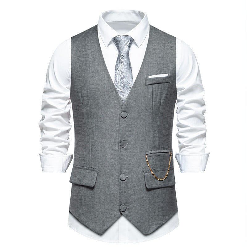 New Men's Solid Color Suit V-neck Single Breasted Chain Vest