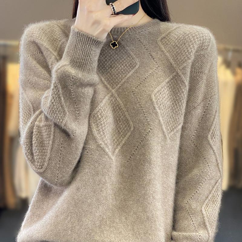 All-matching Western Style Women's Pullover Top Sweater Solid Color Round Neck Rhombus Hollow Out Sweater