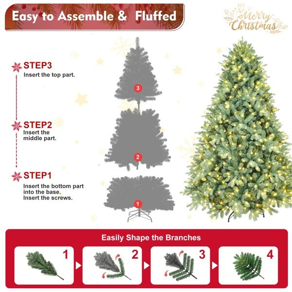Artificial 8ft Blue Green Tint Christmas Tree With 3308 PE PVC Mixed Branch Tips, 900L Warm White Led, Memory Wire Iron Wire, Hinged Premium  Foldable Base For Indoor Holiday Decorating