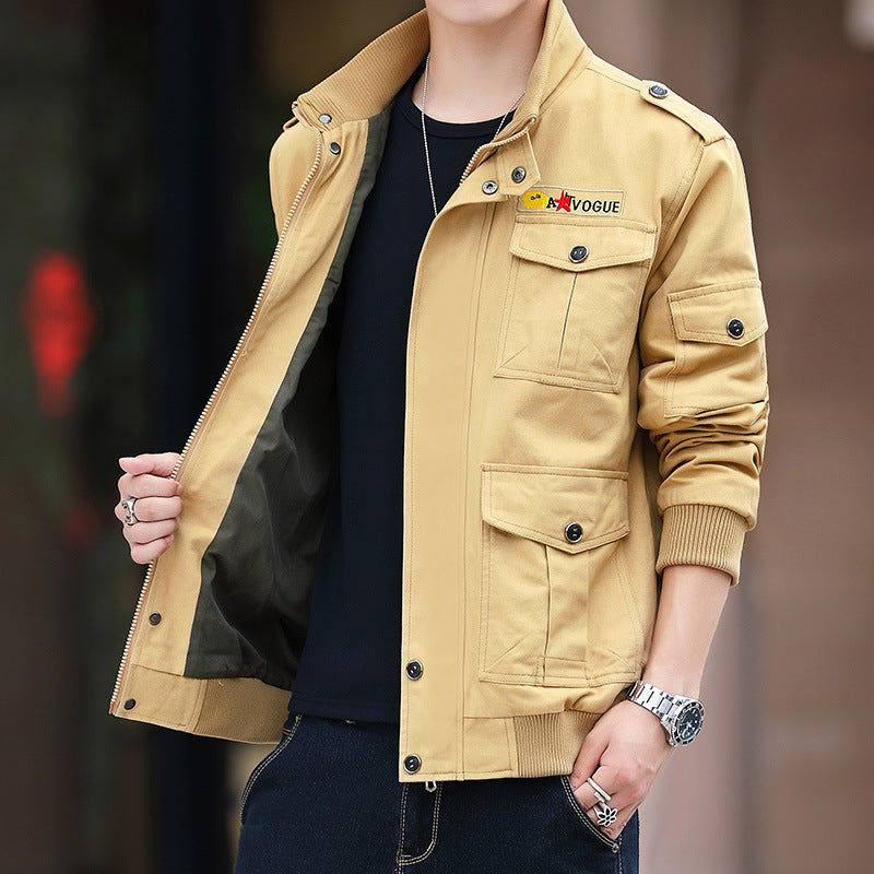 Korean Style Cotton Washed Plus Size Men's Stand-up Collar Casual Jacket