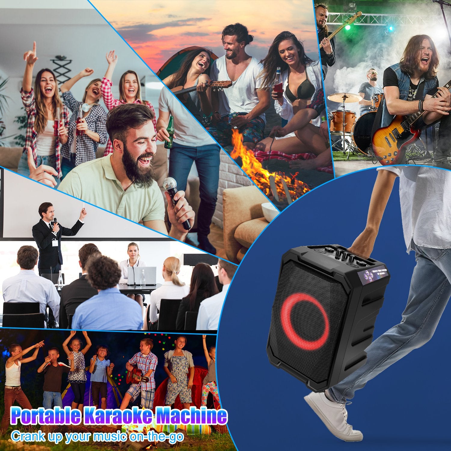 1Pc Portable Wireless Party Speaker With LED Light 2 Wireless Mics Remote Control TWS Music Accompany Mic. Priority Bass Echo Mic Treble Guitar In