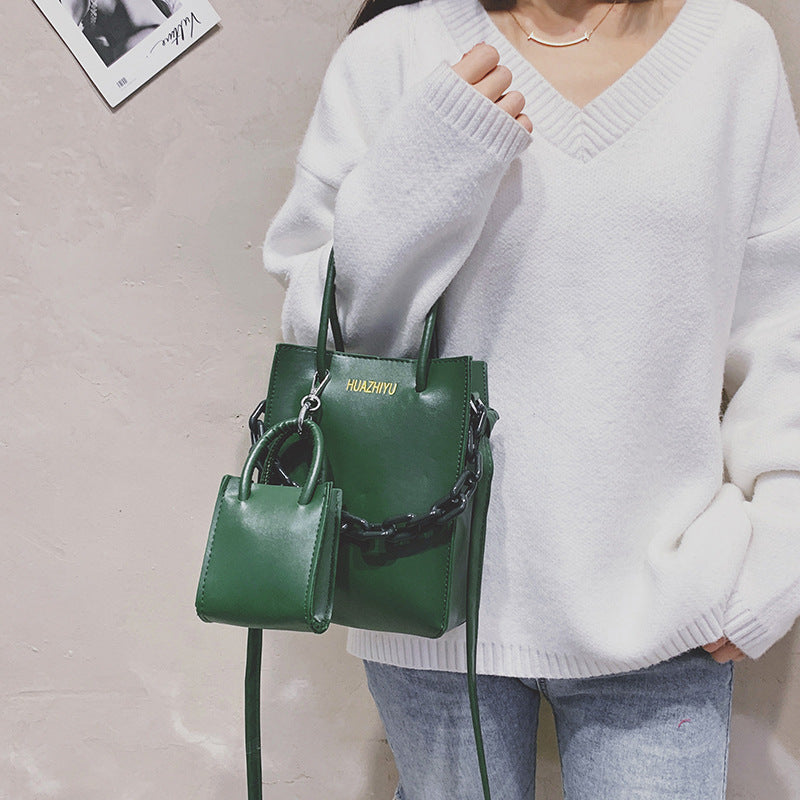 Pu Two-piece Messenger Bag Urban Simple Solid Color Chain Portable