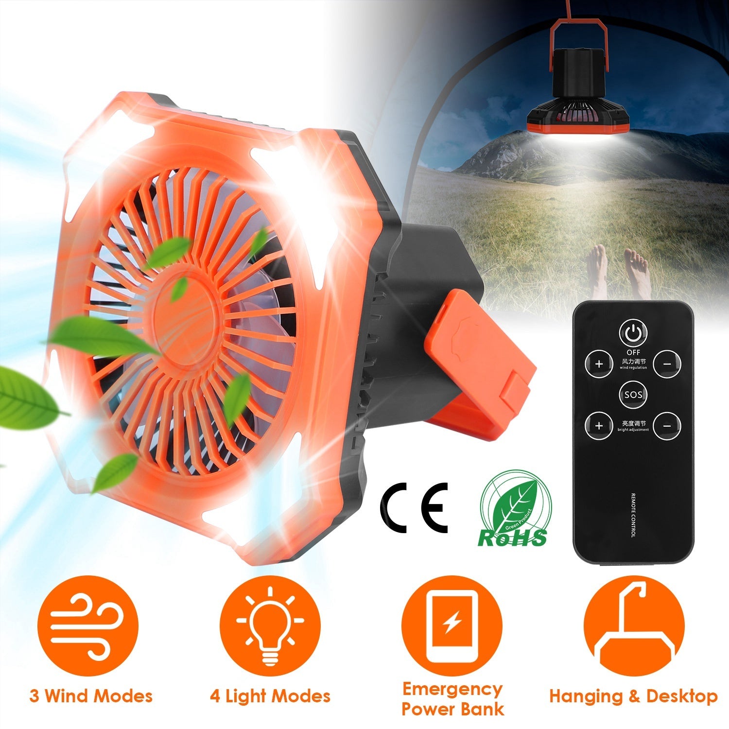 Portable Camping Lantern Fan Battery Powered Hanging Fan USB Rechargeable Tent Fan With 4 Light Modes 3 Wind Modes Emergency Power Bank Remote Control Hanging Hook