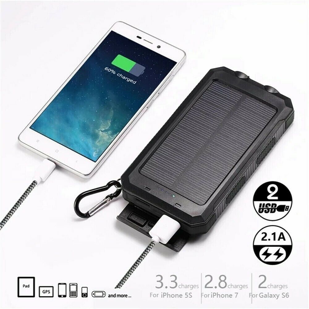 1O000000mAh Solar Power Bank Waterproof 2USB LED Battery Charger For Cell Phone